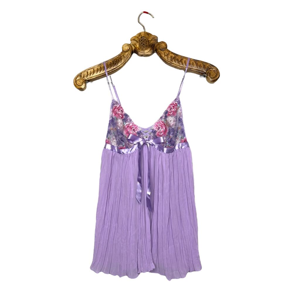 Victoria's Secret Babydoll Nightgown Purple Pleated Floral Lace Sheer Medium
